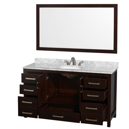 60 Inch Single Bathroom Vanity in Espresso, White Carrara Marble Countertop, Oval Sink, 58 Inch Mirror