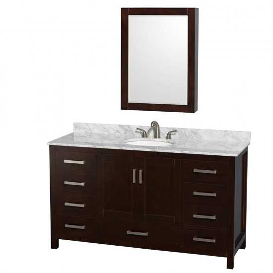 60 Inch Single Bathroom Vanity in Espresso, White Carrara Marble Countertop, Oval Sink, Medicine Cabinet