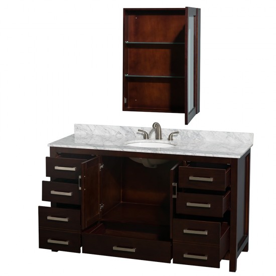 60 Inch Single Bathroom Vanity in Espresso, White Carrara Marble Countertop, Oval Sink, Medicine Cabinet