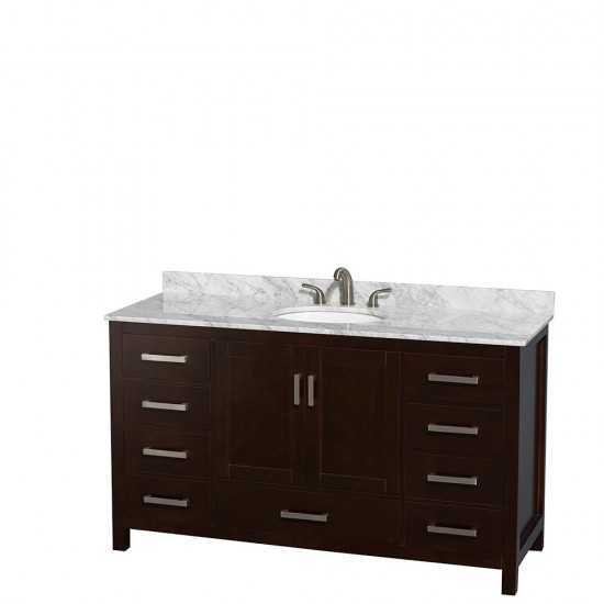 60 Inch Single Bathroom Vanity in Espresso, White Carrara Marble Countertop, Oval Sink, No Mirror