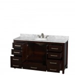 60 Inch Single Bathroom Vanity in Espresso, White Carrara Marble Countertop, Oval Sink, No Mirror