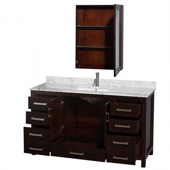 60 Inch Single Bathroom Vanity in Espresso, White Carrara Marble Countertop, Sink, Medicine Cabinet