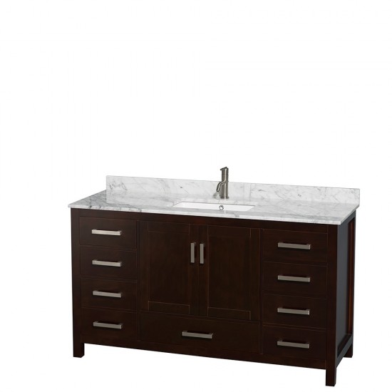 60 Inch Single Bathroom Vanity in Espresso, White Carrara Marble Countertop, Sink, No Mirror