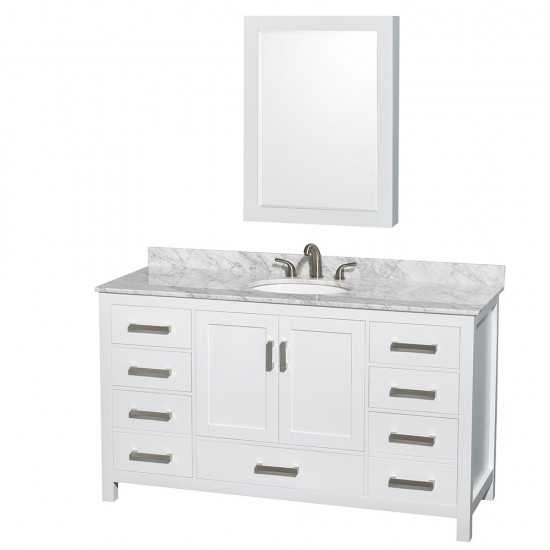 60 Inch Single Bathroom Vanity in White, White Carrara Marble Countertop, Oval Sink, Medicine Cabinet