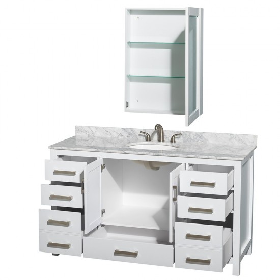 60 Inch Single Bathroom Vanity in White, White Carrara Marble Countertop, Oval Sink, Medicine Cabinet