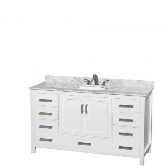 60 Inch Single Bathroom Vanity in White, White Carrara Marble Countertop, Oval Sink, No Mirror