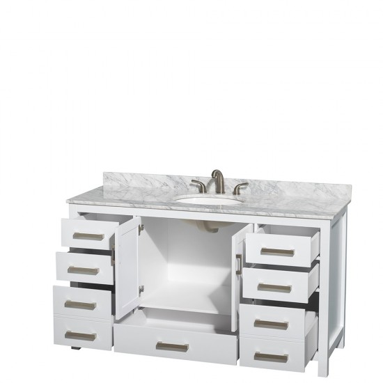 60 Inch Single Bathroom Vanity in White, White Carrara Marble Countertop, Oval Sink, No Mirror