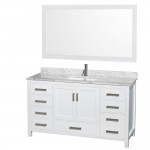 60 Inch Single Bathroom Vanity in White, White Carrara Marble Countertop, Sink, 58 Inch Mirror