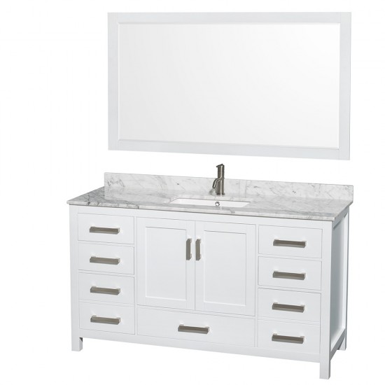 60 Inch Single Bathroom Vanity in White, White Carrara Marble Countertop, Sink, 58 Inch Mirror