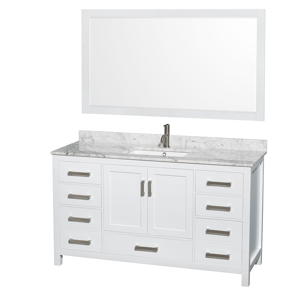 60 Inch Single Bathroom Vanity in White, White Carrara Marble Countertop, Sink, 58 Inch Mirror