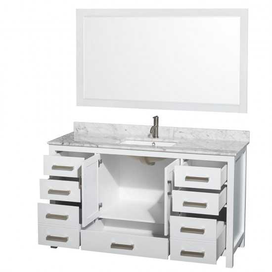 60 Inch Single Bathroom Vanity in White, White Carrara Marble Countertop, Sink, 58 Inch Mirror