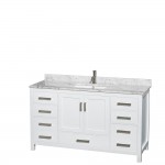 60 Inch Single Bathroom Vanity in White, White Carrara Marble Countertop, Sink, 58 Inch Mirror