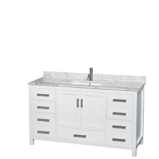 60 Inch Single Bathroom Vanity in White, White Carrara Marble Countertop, Sink, 58 Inch Mirror