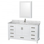 60 Inch Single Bathroom Vanity in White, White Carrara Marble Countertop, Sink, Medicine Cabinet