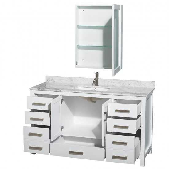 60 Inch Single Bathroom Vanity in White, White Carrara Marble Countertop, Sink, Medicine Cabinet