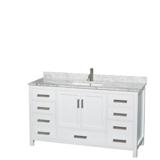 60 Inch Single Bathroom Vanity in White, White Carrara Marble Countertop, Sink, No Mirror