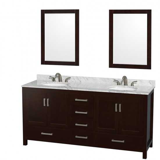 72 Inch Double Bathroom Vanity in Espresso, White Carrara Marble Countertop, Oval Sinks, 24 Inch Mirrors