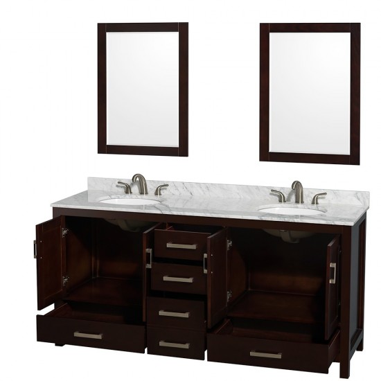 72 Inch Double Bathroom Vanity in Espresso, White Carrara Marble Countertop, Oval Sinks, 24 Inch Mirrors