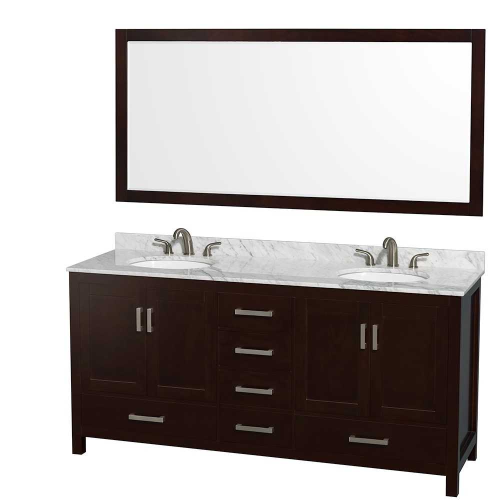 72 Inch Double Bathroom Vanity in Espresso, White Carrara Marble Countertop, Oval Sinks, 70 Inch Mirror