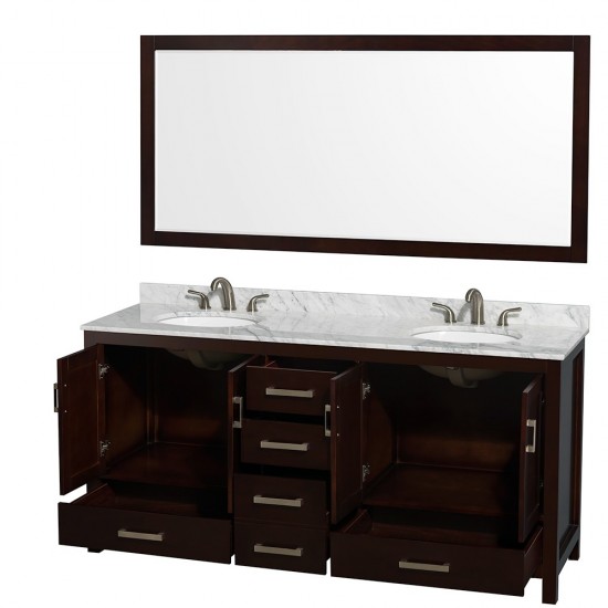 72 Inch Double Bathroom Vanity in Espresso, White Carrara Marble Countertop, Oval Sinks, 70 Inch Mirror