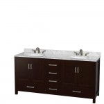 72 Inch Double Bathroom Vanity in Espresso, White Carrara Marble Countertop, Oval Sinks, 70 Inch Mirror