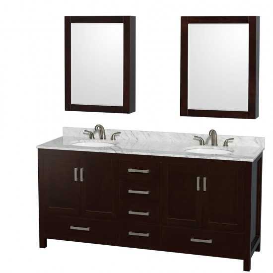 72 Inch Double Bathroom Vanity in Espresso, White Carrara Marble Countertop, Oval Sinks, Medicine Cabinets