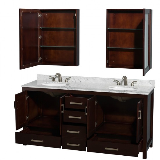 72 Inch Double Bathroom Vanity in Espresso, White Carrara Marble Countertop, Oval Sinks, Medicine Cabinets