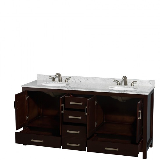 72 Inch Double Bathroom Vanity in Espresso, White Carrara Marble Countertop, Oval Sinks, No Mirror