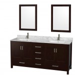 72 Inch Double Bathroom Vanity in Espresso, White Carrara Marble Countertop, Sinks, 24 Inch Mirrors