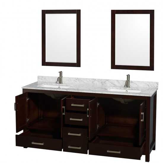 72 Inch Double Bathroom Vanity in Espresso, White Carrara Marble Countertop, Sinks, 24 Inch Mirrors