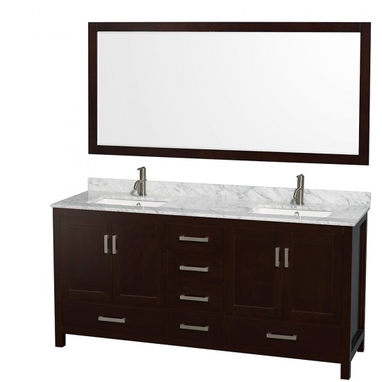 72 Inch Double Bathroom Vanity in Espresso, White Carrara Marble Countertop, Sinks, 70 Inch Mirror