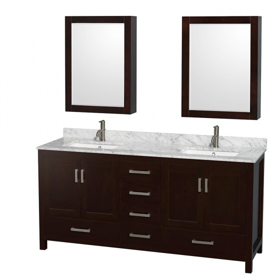 72 Inch Double Bathroom Vanity in Espresso, White Carrara Marble Countertop, Sinks, Medicine Cabinets