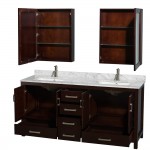 72 Inch Double Bathroom Vanity in Espresso, White Carrara Marble Countertop, Sinks, Medicine Cabinets