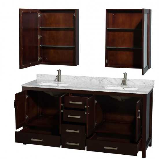 72 Inch Double Bathroom Vanity in Espresso, White Carrara Marble Countertop, Sinks, Medicine Cabinets