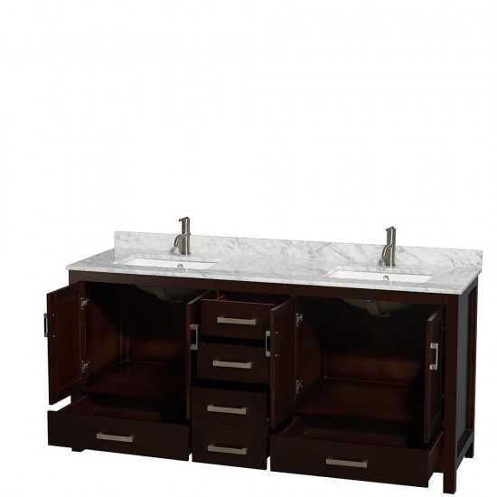 72 Inch Double Bathroom Vanity in Espresso, White Carrara Marble Countertop, Sinks, No Mirror