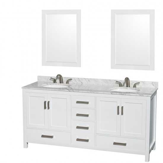 72 Inch Double Bathroom Vanity in White, White Carrara Marble Countertop, Oval Sinks, 24 Inch Mirrors