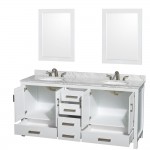 72 Inch Double Bathroom Vanity in White, White Carrara Marble Countertop, Oval Sinks, 24 Inch Mirrors