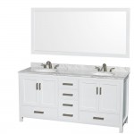 72 Inch Double Bathroom Vanity in White, White Carrara Marble Countertop, Oval Sinks, 70 Inch Mirror