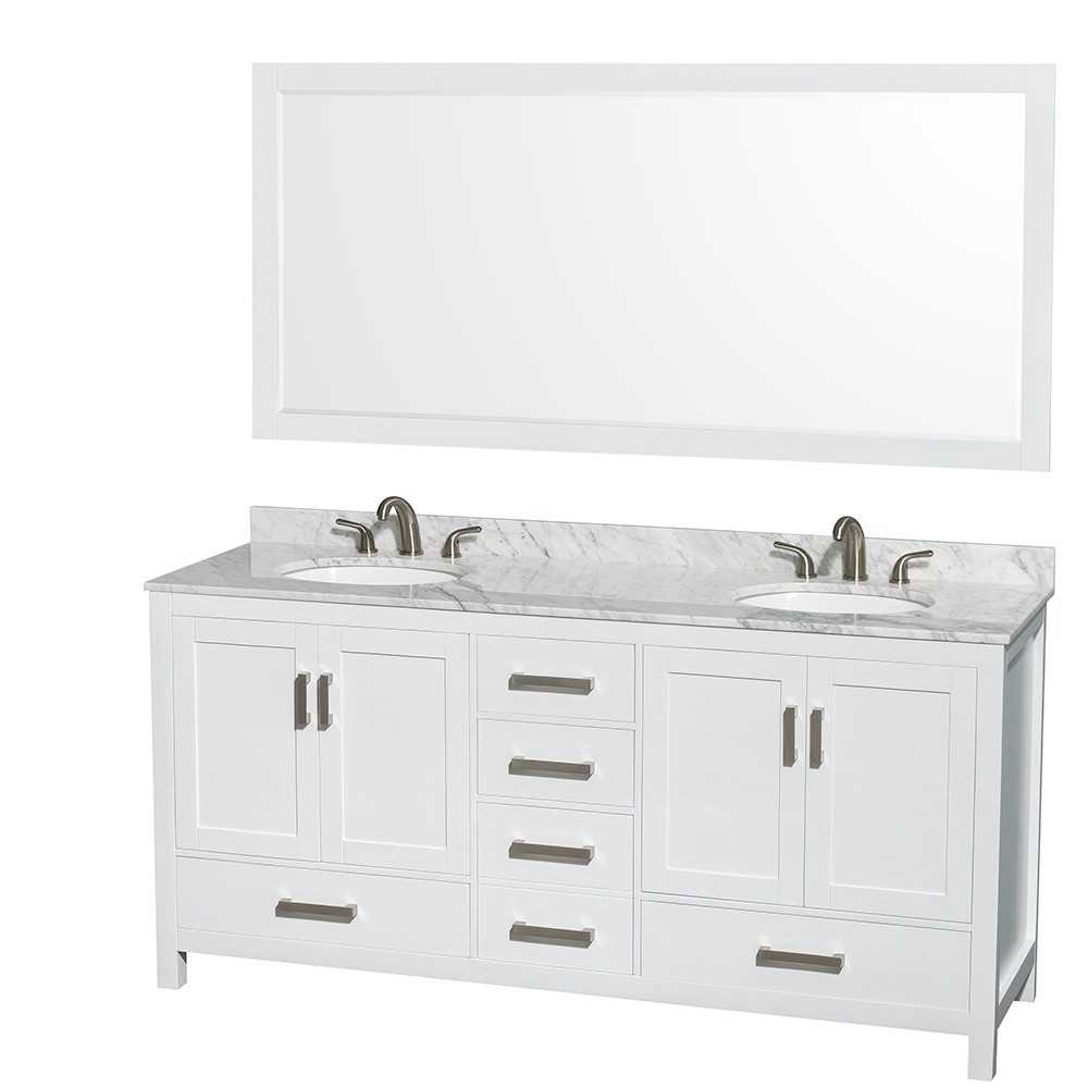 72 Inch Double Bathroom Vanity in White, White Carrara Marble Countertop, Oval Sinks, 70 Inch Mirror