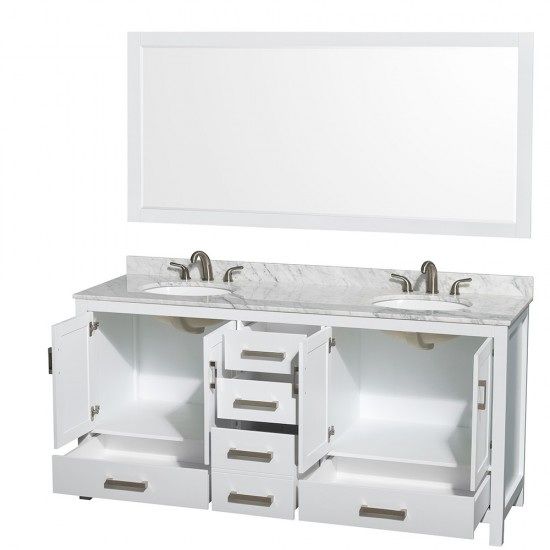 72 Inch Double Bathroom Vanity in White, White Carrara Marble Countertop, Oval Sinks, 70 Inch Mirror