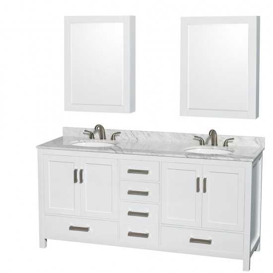 72 Inch Double Bathroom Vanity in White, White Carrara Marble Countertop, Oval Sinks, Medicine Cabinets