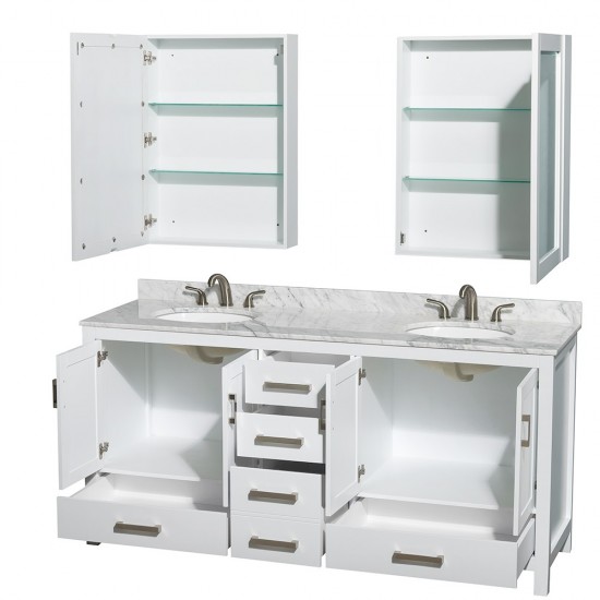 72 Inch Double Bathroom Vanity in White, White Carrara Marble Countertop, Oval Sinks, Medicine Cabinets