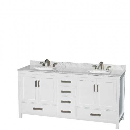 72 Inch Double Bathroom Vanity in White, White Carrara Marble Countertop, Oval Sinks, No Mirror