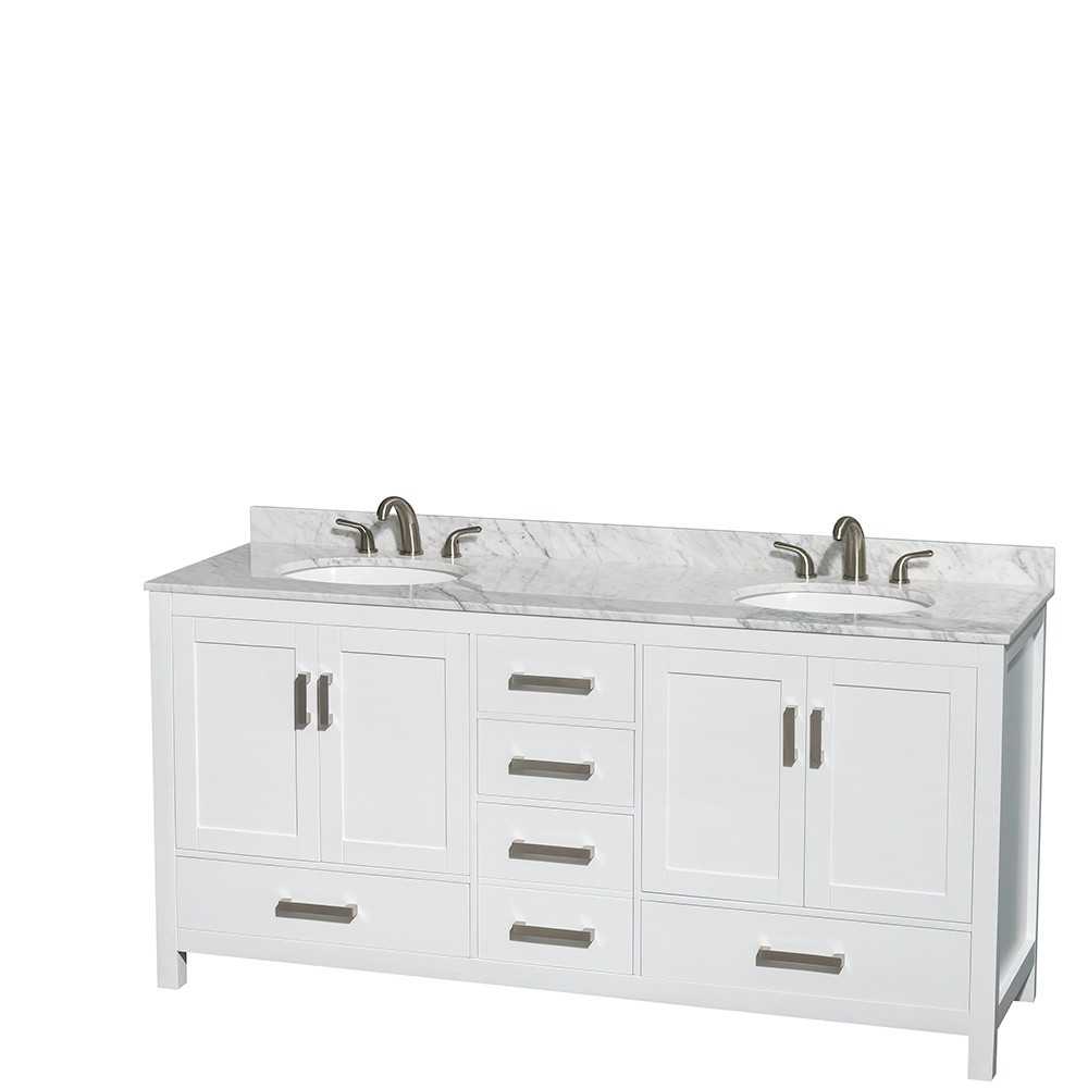 72 Inch Double Bathroom Vanity in White, White Carrara Marble Countertop, Oval Sinks, No Mirror
