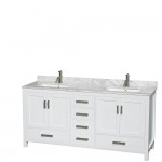 72 Inch Double Bathroom Vanity in White, White Carrara Marble Countertop, Sinks, 24 Inch Mirrors
