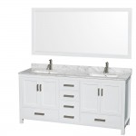 72 Inch Double Bathroom Vanity in White, White Carrara Marble Countertop, Sinks, 70 Inch Mirror