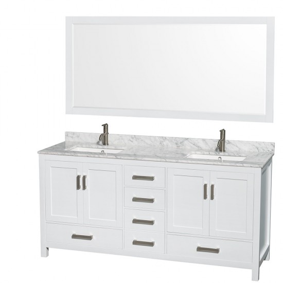 72 Inch Double Bathroom Vanity in White, White Carrara Marble Countertop, Sinks, 70 Inch Mirror