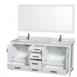 72 Inch Double Bathroom Vanity in White, White Carrara Marble Countertop, Sinks, 70 Inch Mirror