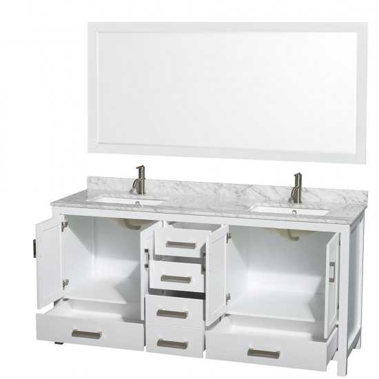 72 Inch Double Bathroom Vanity in White, White Carrara Marble Countertop, Sinks, 70 Inch Mirror