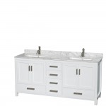 72 Inch Double Bathroom Vanity in White, White Carrara Marble Countertop, Sinks, 70 Inch Mirror